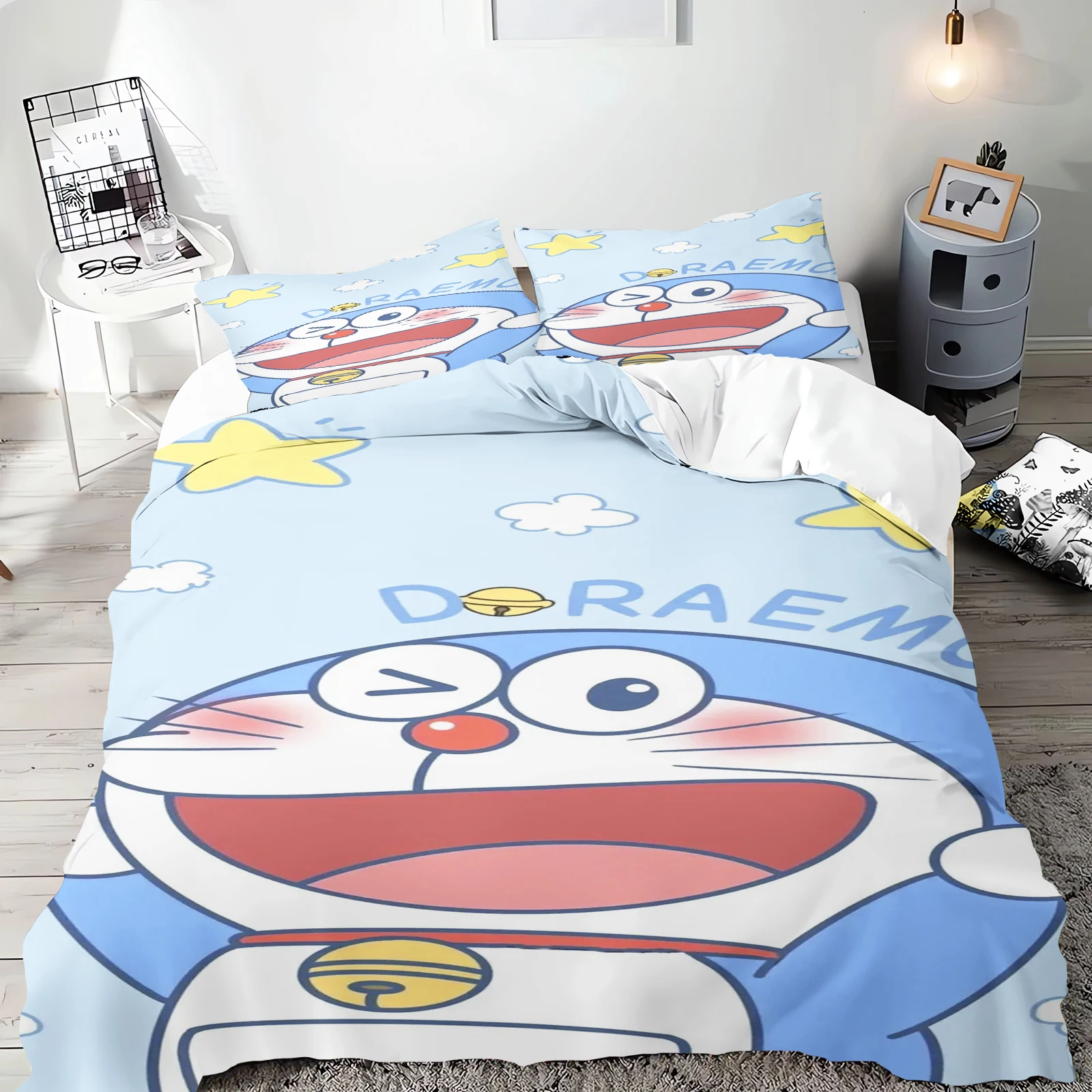 Cartoon Quilt Cover Blue Cat Bedding Set Home for Teen Children Bedroom Polyester Various Sizes Decor Soft Comfortable Baby