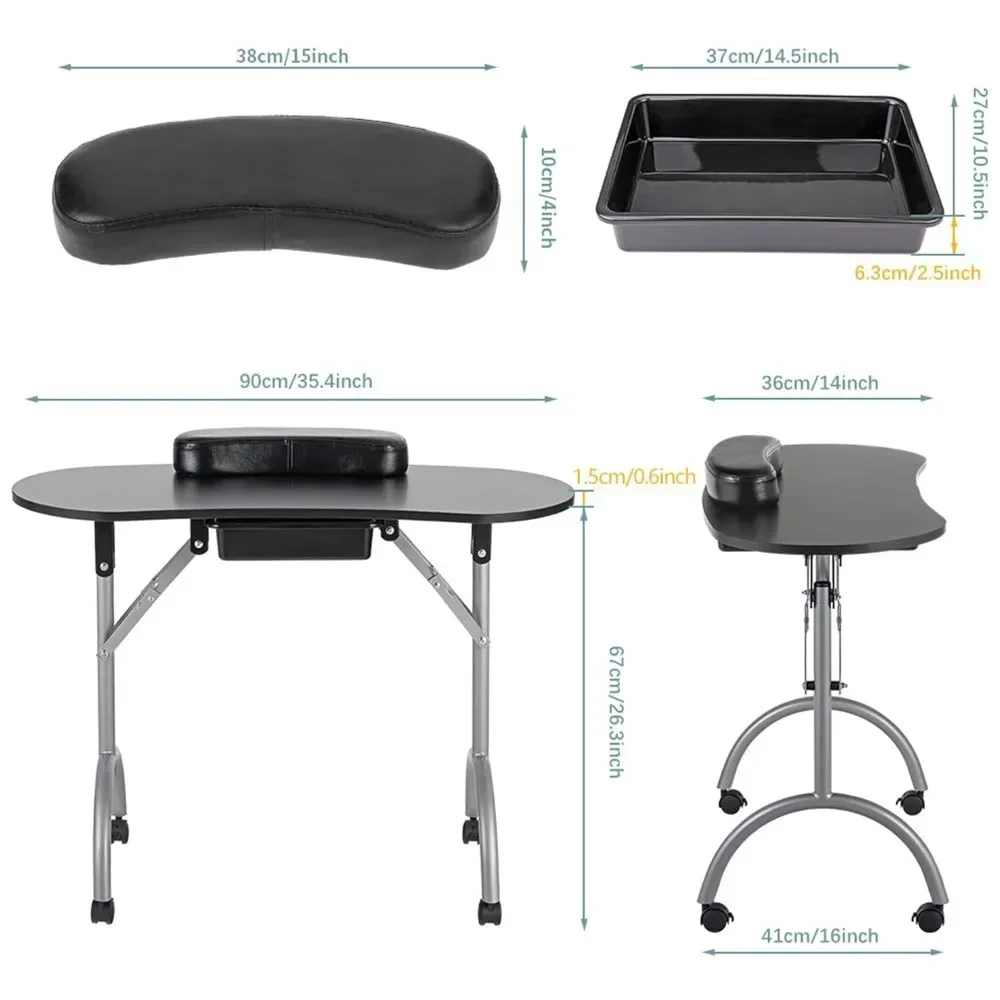 Professionele 36''L draagbare en opvouwbare manicuretafel nageltechnicus bureau werkstation manicuretafel met rollende wielen, lade