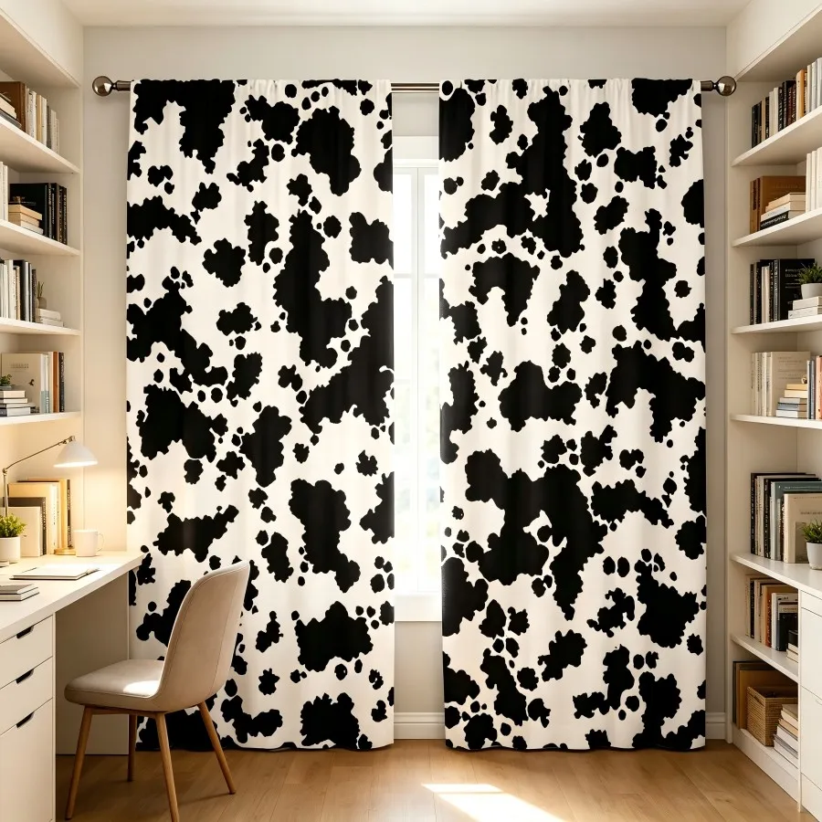 2PCS Digital Print  Curtain, Black White Spots, Bohemian Style  Curtain Panel for Home Living Room Bedroom Decor