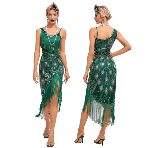 Tassel Sequin Dress 1920s Flapper Vintage Dress Prom Mid Length Evening Dress Great Gatsby Cosplay Cocktail Party Dress