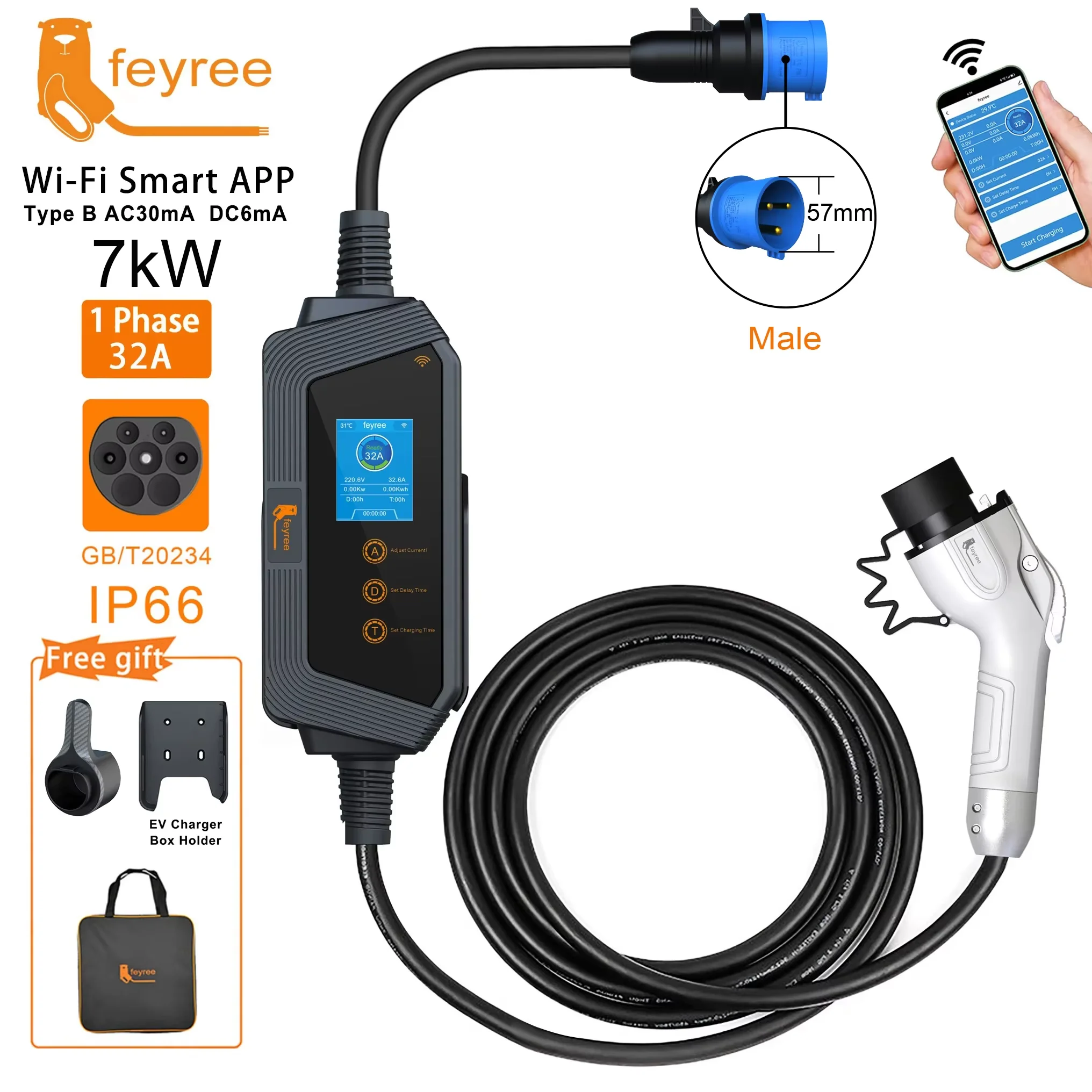 Feyree 7KW 32A Adjustable EV Charger GBT Socket APP Bluetooth Version Set Charging Time EVSE Charging Box for Electric Vehicle