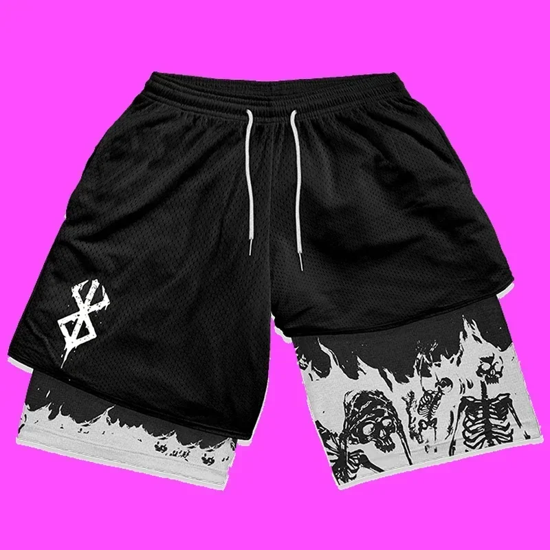 Y2K Summer Men Streetwear Anime Berserk Oversize Active Athletic Gym Short Pants Training Fitness Workout Track Shorts Clothes