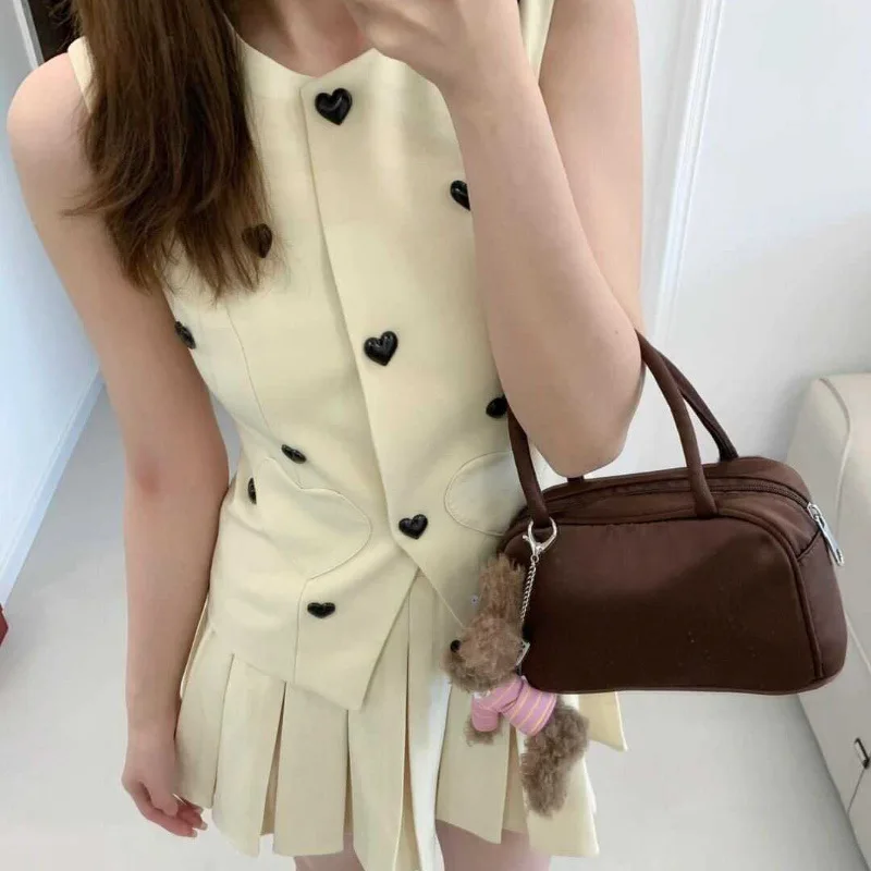 طقم سترة بدلة خيرية صيفية وتنورة نصف طول مطوية مكونة من قطعتين