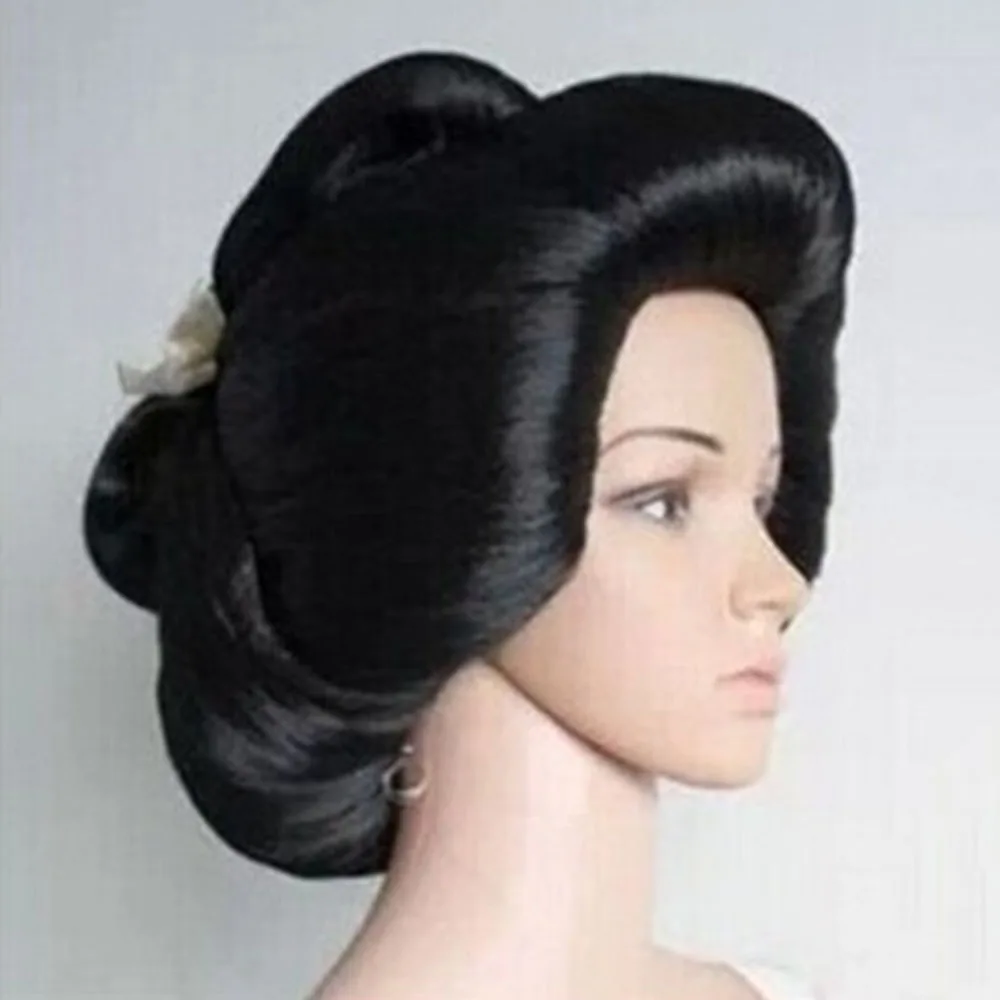 Geisha cabelo sintético Cosplay peruca, preto, japonês, linho, diária
