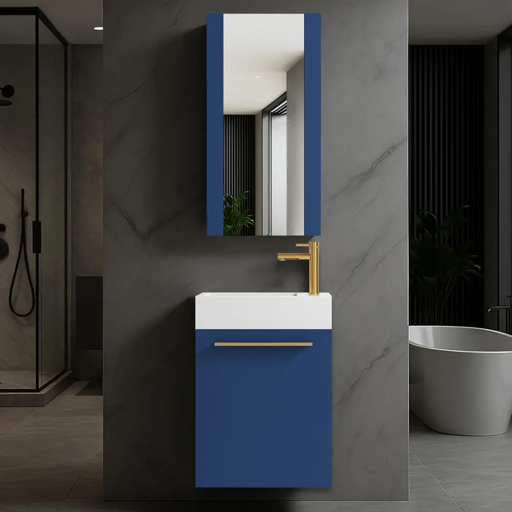 

Modern 18 Inch Vanity with Sink and Mirror Combo Navy Blue Floating Bathroom Vanity Solid Wood Construction Narrow Depth Wall H