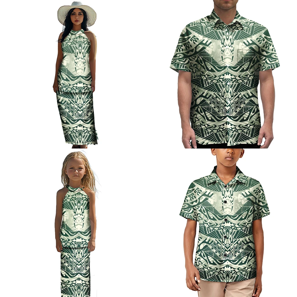 Ropa polinesia para madre e hija, trajes para papá e hijo, camisa hawaiana de manga corta a juego para la familia, conjuntos de ropa para niños
