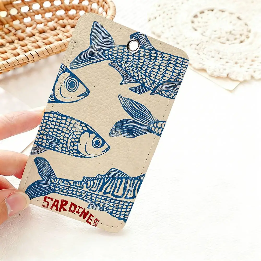 Colorful Sardine Fish Ocean Rectangle ID Card Case Keychain Access Card Bag Key Tag Ring Leather Card Holder Key Ring Access