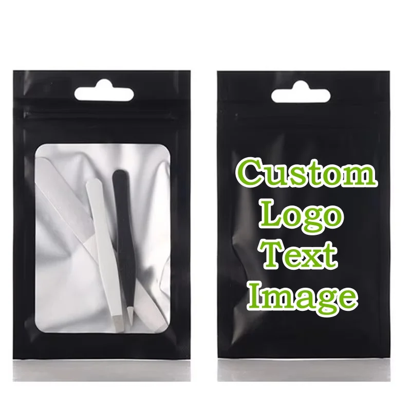 

100PCS Matte Black Aluminum Foil Window Ziplock Bag DIY Custom Logo Text Jewelry Hardware Phonecell Toys Gift Hanging Pouches