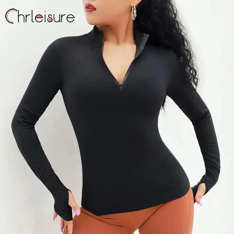 CHRLEISURE Yoga Sport Top Women Half-Zipper Fitness Long-Sleeved Sexy Top Quick-Drying Black Jacket Running Skinny Yoga T Shirt