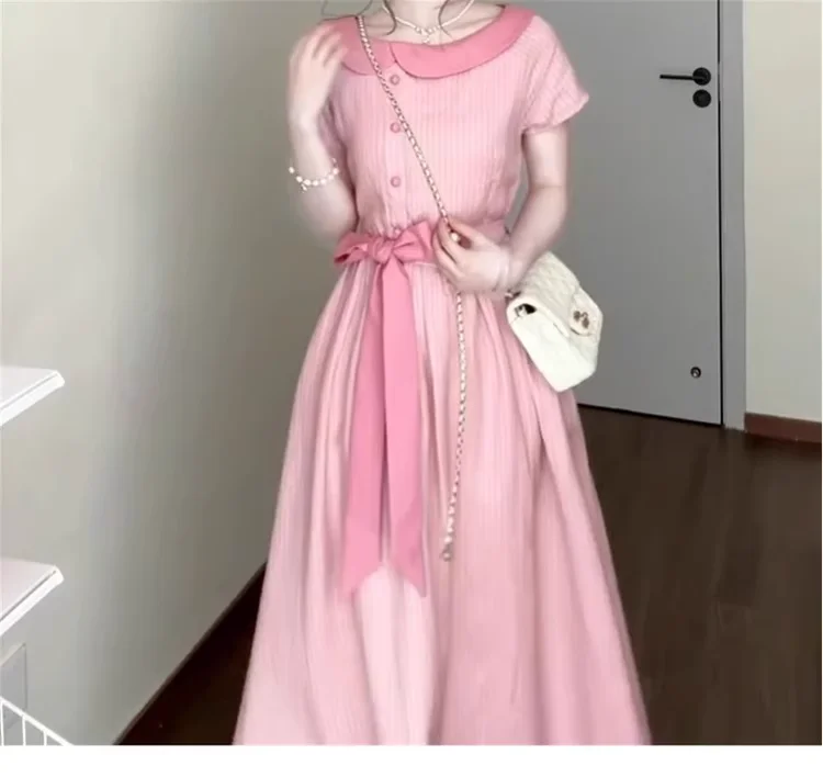 فستان نسائي صيفي مقاس كبير وردي فرنسي حلو بأكمام قصيرة يقلل من العمر بخصر عالٍ على شكل حرف a وأربطة مخططة فساتين طويلة لطيفة