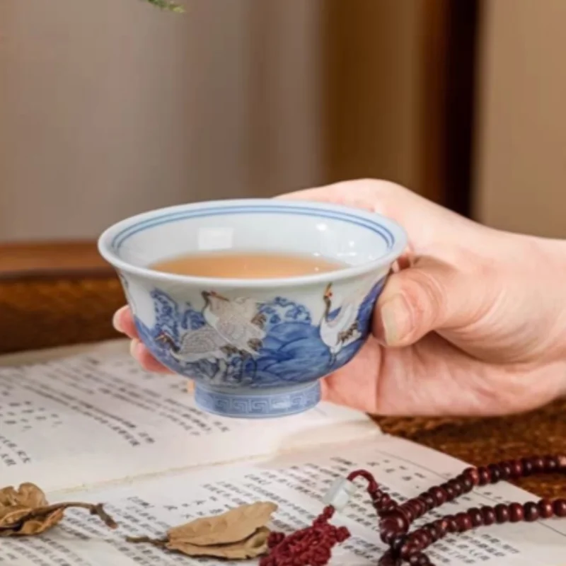 Jingdezhen Blue and White Porcelain Crane Pattern Ceramic Tea Cup - Chinese Style Traditional Teaware Desktop Ornament