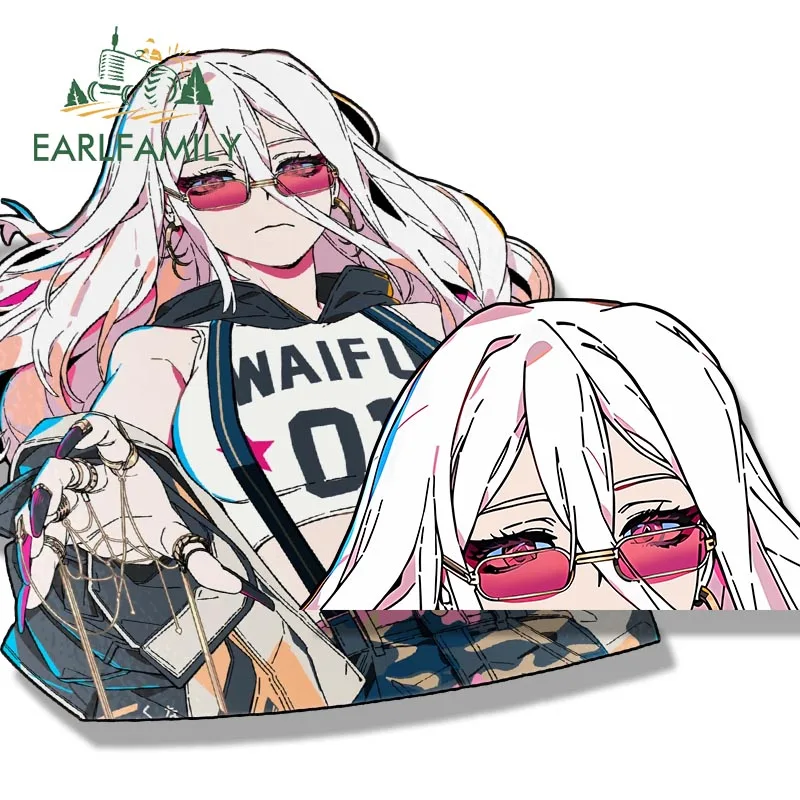 

EARLFAMILY готические панковские стикеры в виде девушки с подглядывающим автомобилем, Мультяшные аниме вайфу эскизы, Стикеры для фаната, забавные стикеры JDM, графика автомобиля