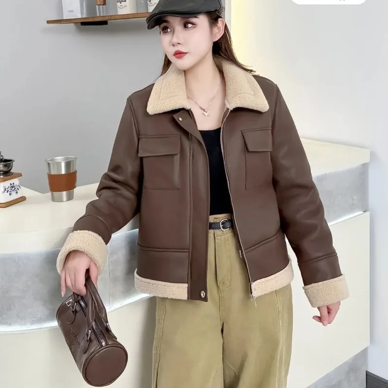 

Zipper Cardigan Autumn and Winter Plus Velvet PU Fur One-piece Jacket for Women Loose Warm Casual Short Jacket Top