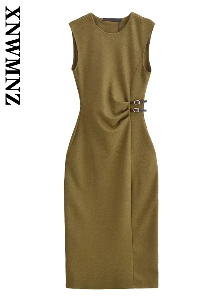 

XNWMNZ 2025 Summer New Woman's Chic Dress Dresses Trendy Lady Side Button Sleeveless Midi Skirt Ruffles Regular Fit O-Collar Top