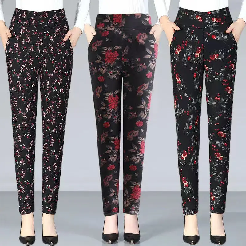 Autumn Winter Style Plus Velvet Warm leggings Women Plus size XXXL Printing Flowers Thick Women's Pants