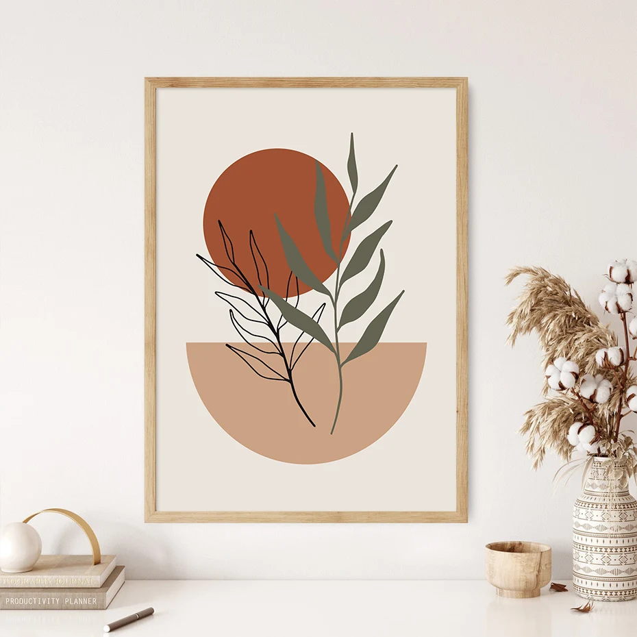 Boho Minimalist Orange Beige Green Leaf Semicircle Poster Line Wall Art Print Picture Abstract Canvas Painting Living Room Decor