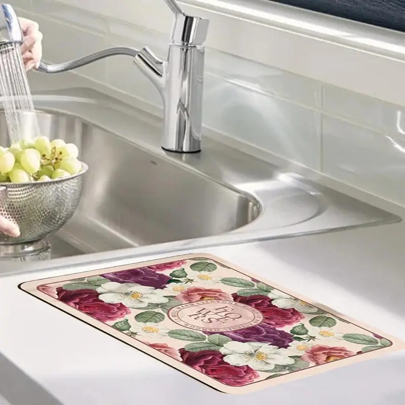 Fantasy Style Faucet Draining Mat For Kitchen Sink Sink Faucet Suction Mat Vintage Floral Plates Kitchen Accessories For Kitchen