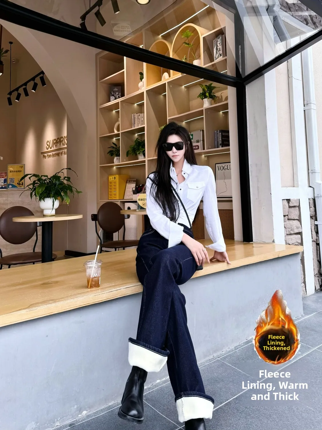 

Женские джинсы с высокой талией Thiened Fce на подкладке, осенне-зимние длинные расклешенные джинсовые брюки, цветные повседневные брюки