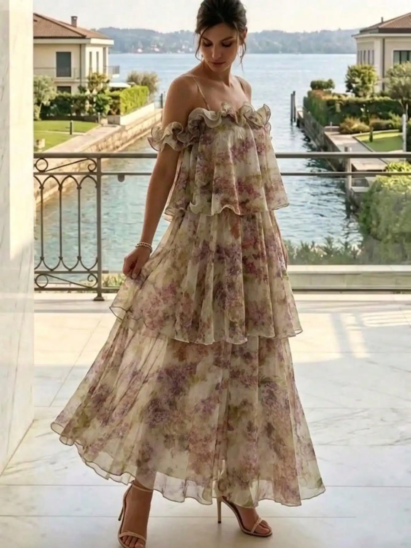 Women Elegant Prom Party Long Floral Print Off Shoulder Sling Dresses Fashion Ruffle Maxi Backless Elegant Vacation Festival Out
