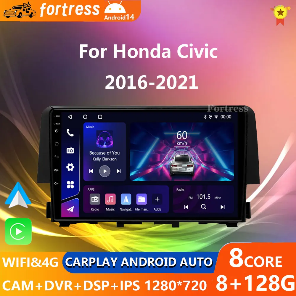 

For Honda Civic 10th 2016-2021 Car Radio Android 14 Carplay GPS Navigation Android Auto No 2din DVD Stereo Head Unit 5G