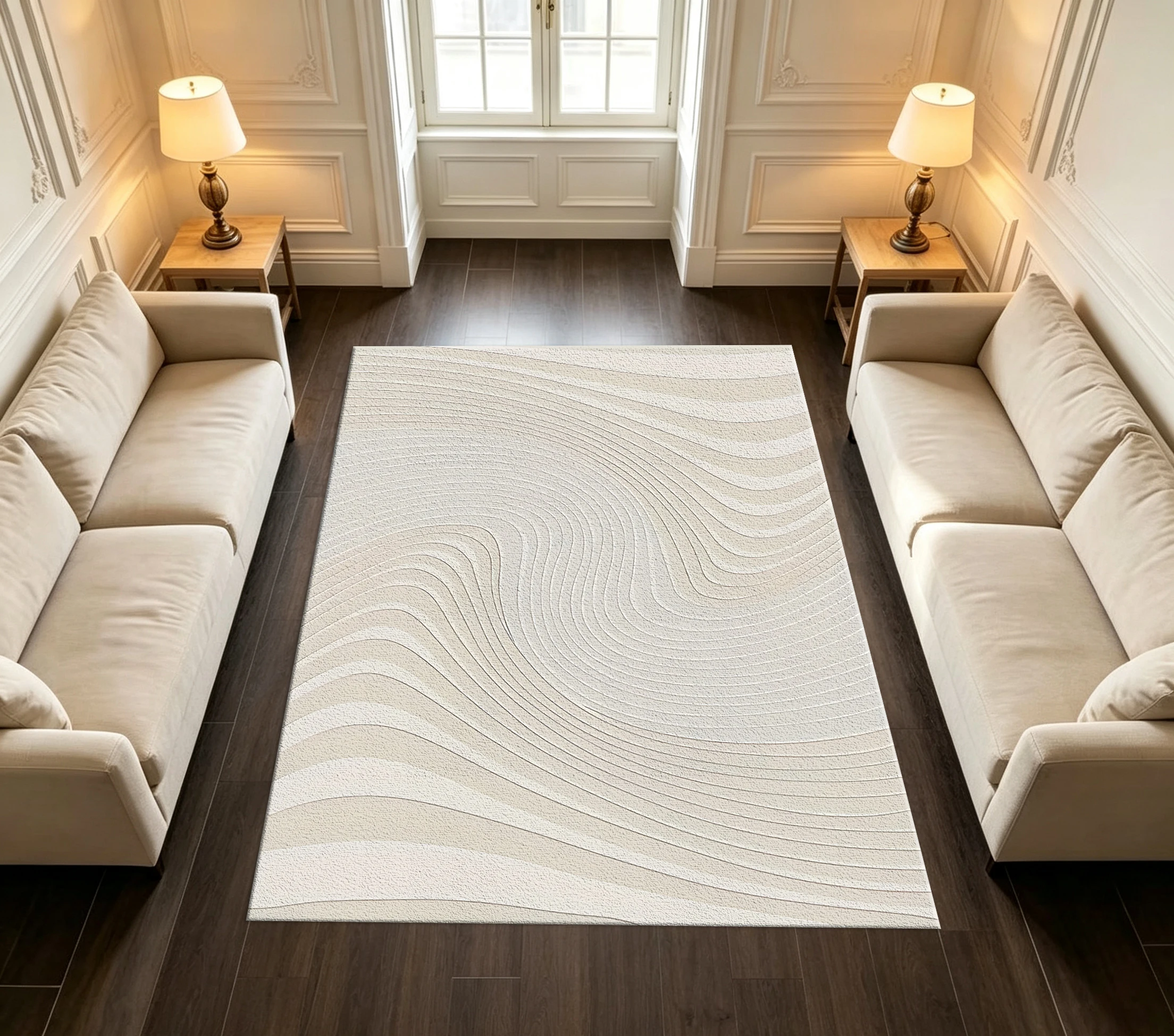 Cream Tone Curved Line Abstract Carpet Flooring Minimalist Home Area Rug Decorative Floor Rug for Indoor Space