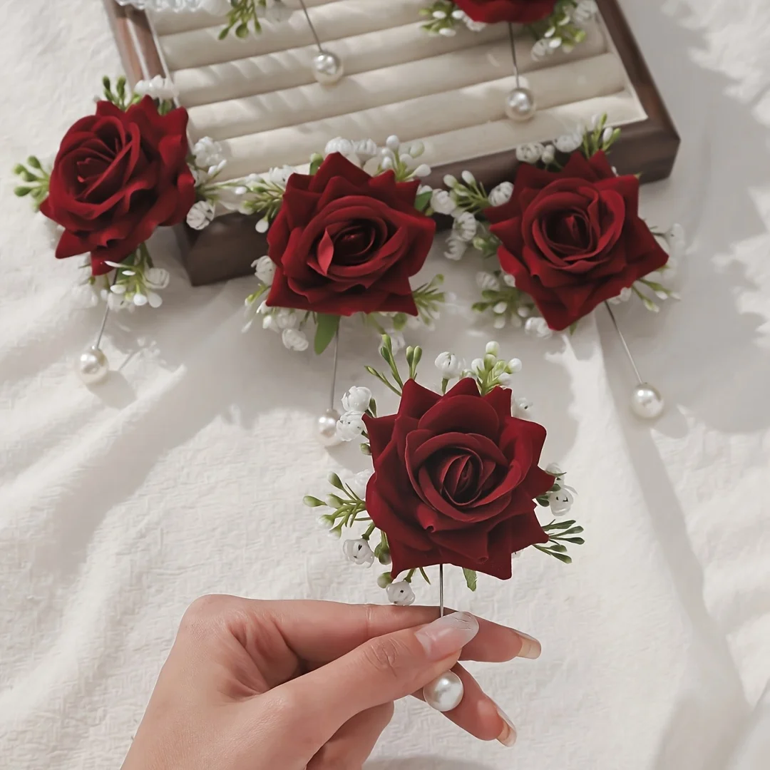 10pcs Rose and White Baby's Breath Elegant Corsage Set for Bride and Groom, Wedding Decor, Evening, and Anniversary Celebrations