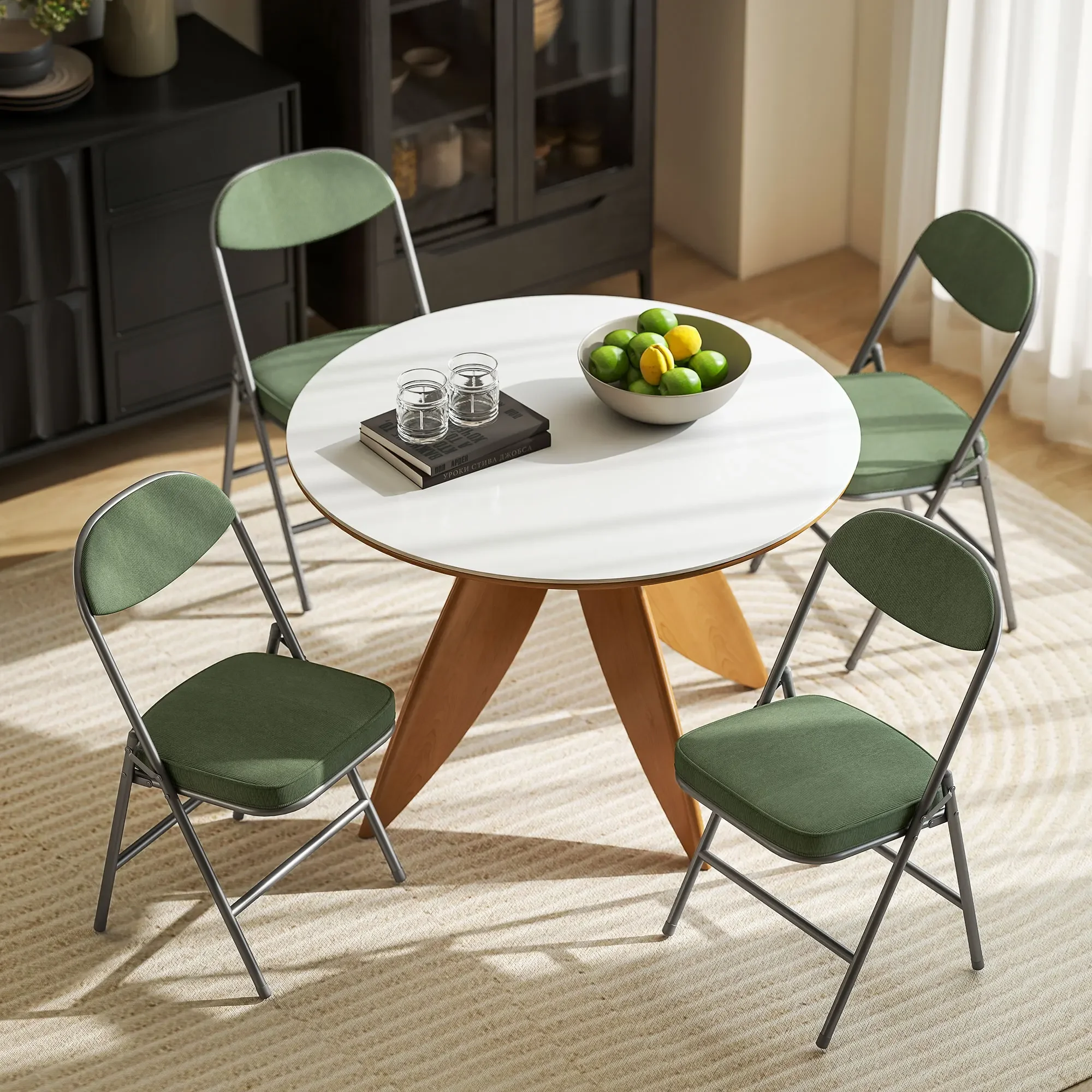 Set di 4 sedie da pranzo pieghevoli verdi, sedie imbottite in velluto a coste, con sedile e schienale imbottiti, sedie pieghevoli per ospiti, ideali per sala da pranzo, cucina, banchetti e uso