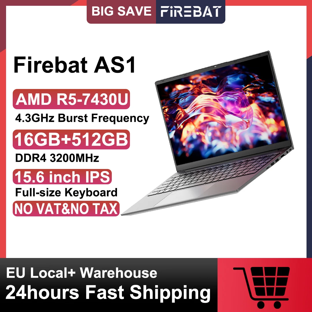 Firebat AS1 Laptop Nieuwe AMD R5 7430U 16GB DDR4 512GB SSD Windows 11 PC 15,6 inch IPS Notebook WIFI6 BT5.2 Ondersteuning 4K Volledig verlicht toetsenbord Type-c