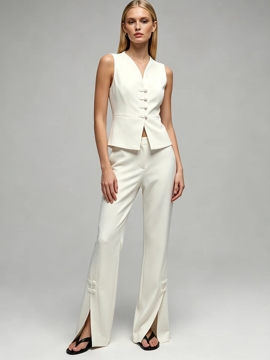 LIMO Women White Chinese Frog Button Sleeveless Vest  Suit  Waist Flare Pants Elegant Office Formal Matching Outfit Set - view 3