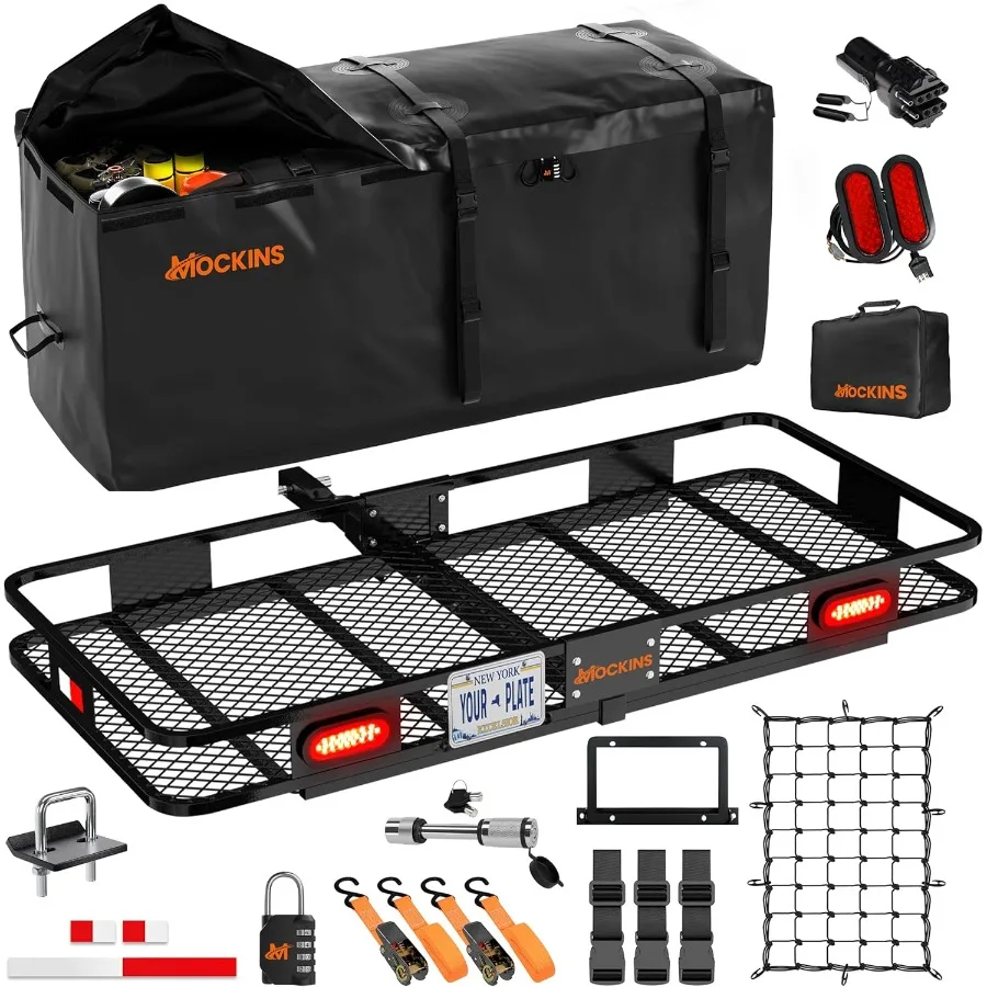 

Heavy duty folding trailer hitch cargo carrier designed for secure transportation of large items in outdoor camping and towing