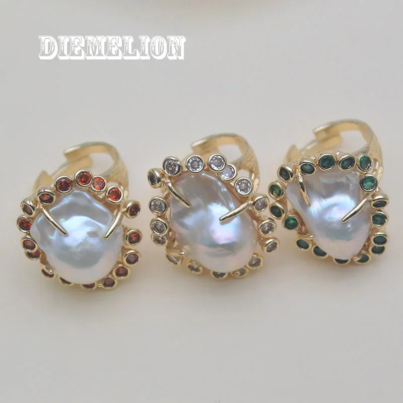 

Luxury 18K Gold Plated Natural Baroque Large Irregularity Pearl Ring Paved Colorful CZ Adjustable Ring for Women Wedding Jewelry