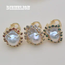 Luxury 18K Gold Plated Natural Baroque Large Irregularity Pearl Ring Paved Colorful CZ Adjustable Ring for Women Wedding Jewelry