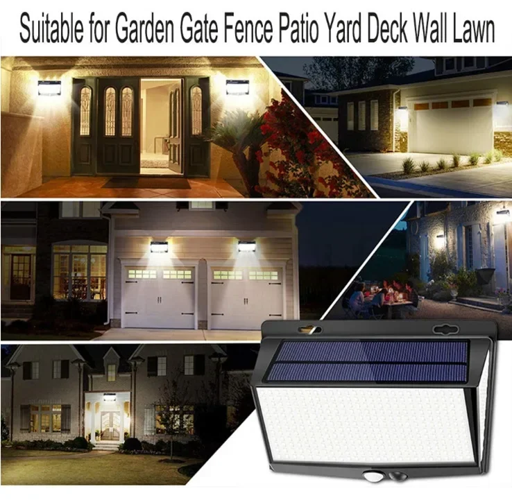 Solar Outdoor Courtyard Landscape Wall Lamp with Human Body Sensing 468LED, 3-sided Lighting, IP65, Household Road Fence Lamp