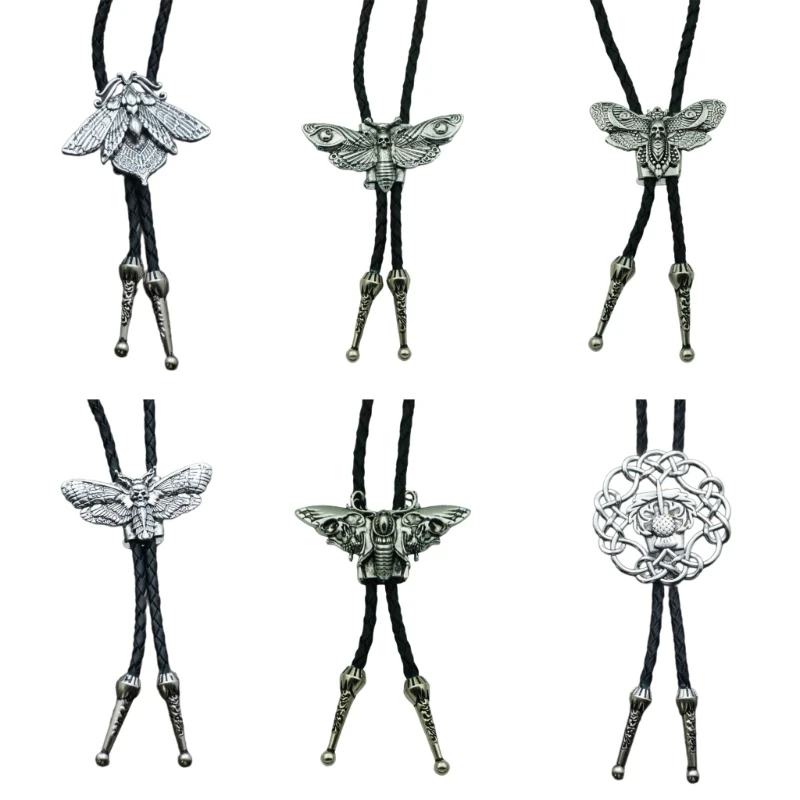 Mens Gothic Western Bolo Tie Cowboy Necktie Metal Skull Moths Pedant Necklace DropShipping