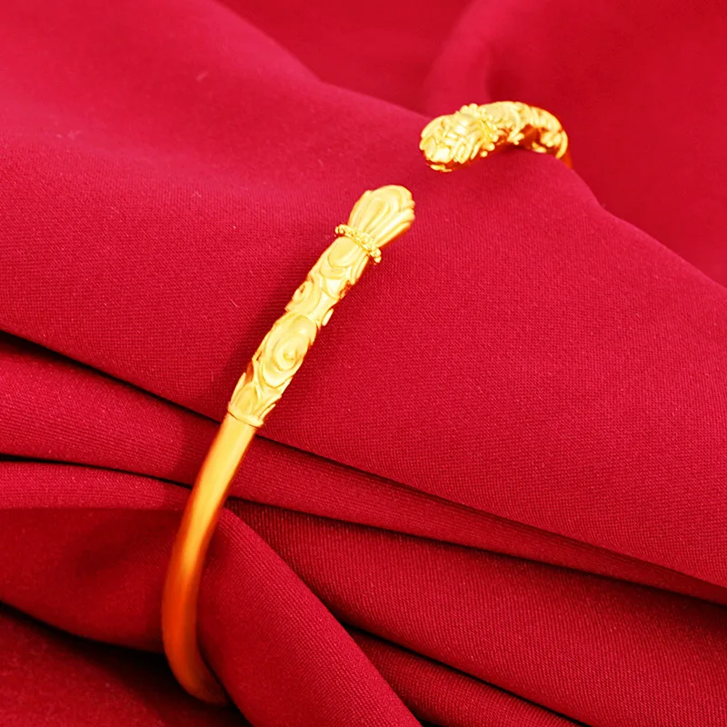 

Auspicious Meaning Ancient Style Open Bracelet For Women 24K Gold AU999 | Peace and good luck always with you