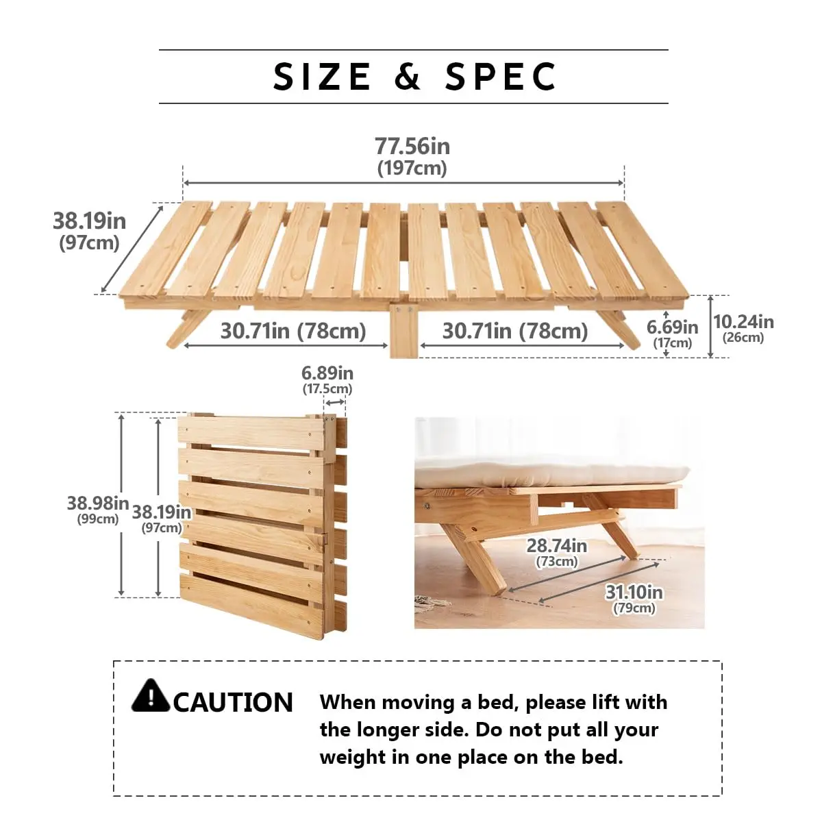 Foldable Wood Slatted Floor Bed Frame Twin Solid Pine Easy Assembly Space Saving Storable Tatami Style, Customized