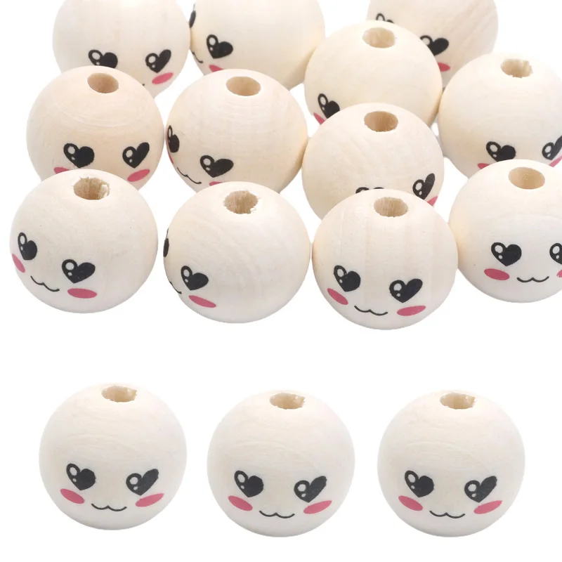 20mm 10pcs Wood Color Round Balls Smiling Wooden Beads For Jewelry Making DIY Jewelry Necklaces Decoration Handmade Accessories