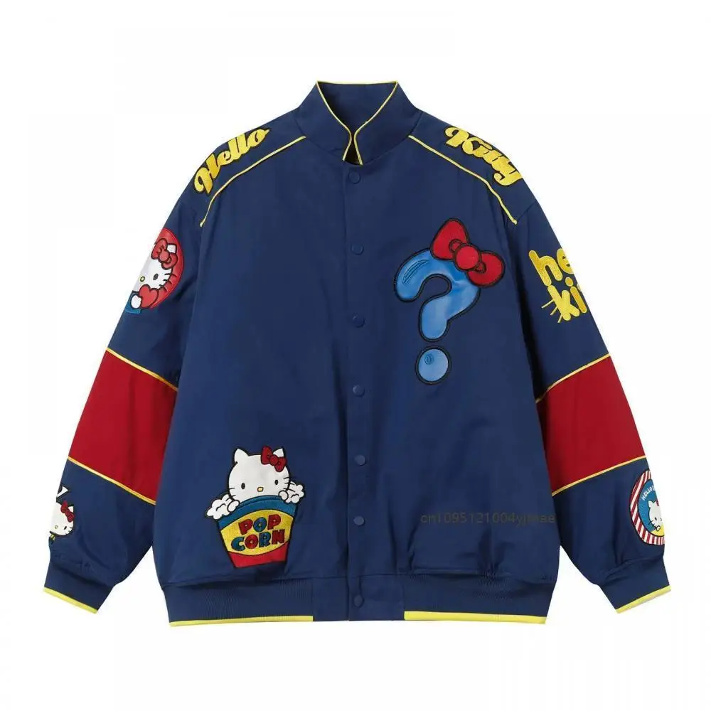 여성용 만화 헬로 키티 자수 자켓 Sanrio 한국어 버전 스타일 패션 트렌드 자켓 여성 느슨한 통근 블루 코트