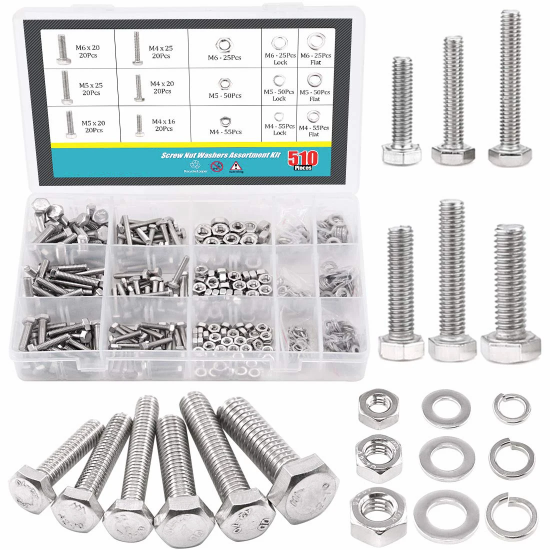 

510-piece flat hex stainless steel screw bolt nut lock and flat washer gasket combination kit
