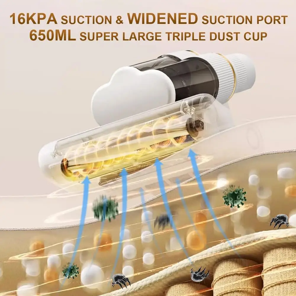 Mattress Vacuum Cleaner 16Kpa Suction UV-C Light 80000rpm Dual Brush Rolls Ultrasonic Heating 6-Stage Filtration 650ml Dust Cup
