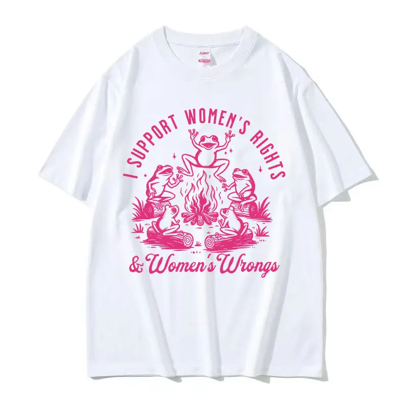 I Support Women's Rights and Wrongs Frog Funny Meme T Shirts Men Women Retro O-Neck Fashion Oversized Cotton T-shirt Summer Tops