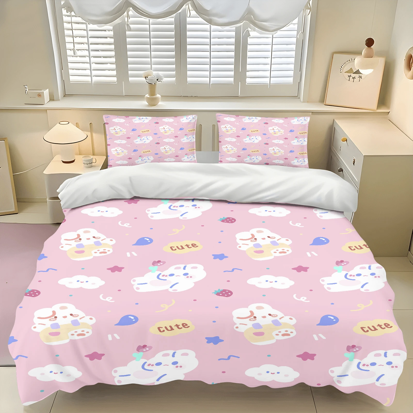 3PCS Cartoon Grid Rabbit Theme Series Bedding Set Full Size Kids,Rabbit Comforter Cover for Boys Girls Bedroom Decor