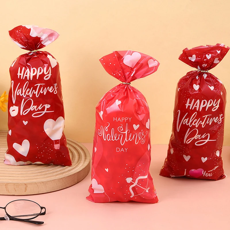 50/100pcs Valentine’s Day Plastic Candy Bags Transparent Snack Cookie Chocolate Gift Packaging Bags Wedding Party Gifts