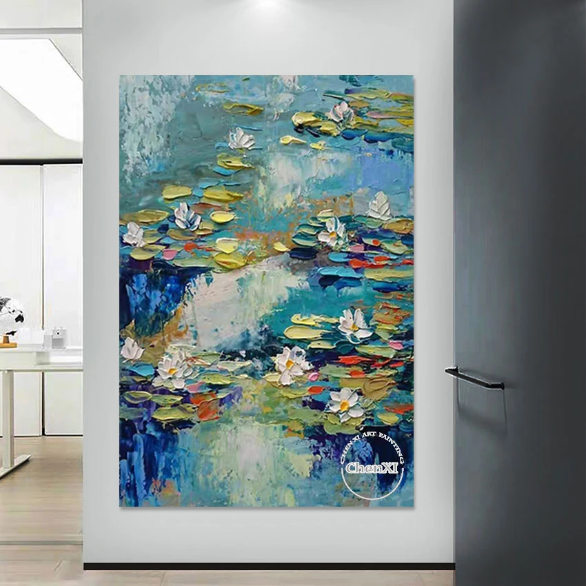 Luxury Famous Classical Monet Water Lotus Flowers Oil Painting Reproduction Texture Knife Beautiful Floras Canvas Picture Art