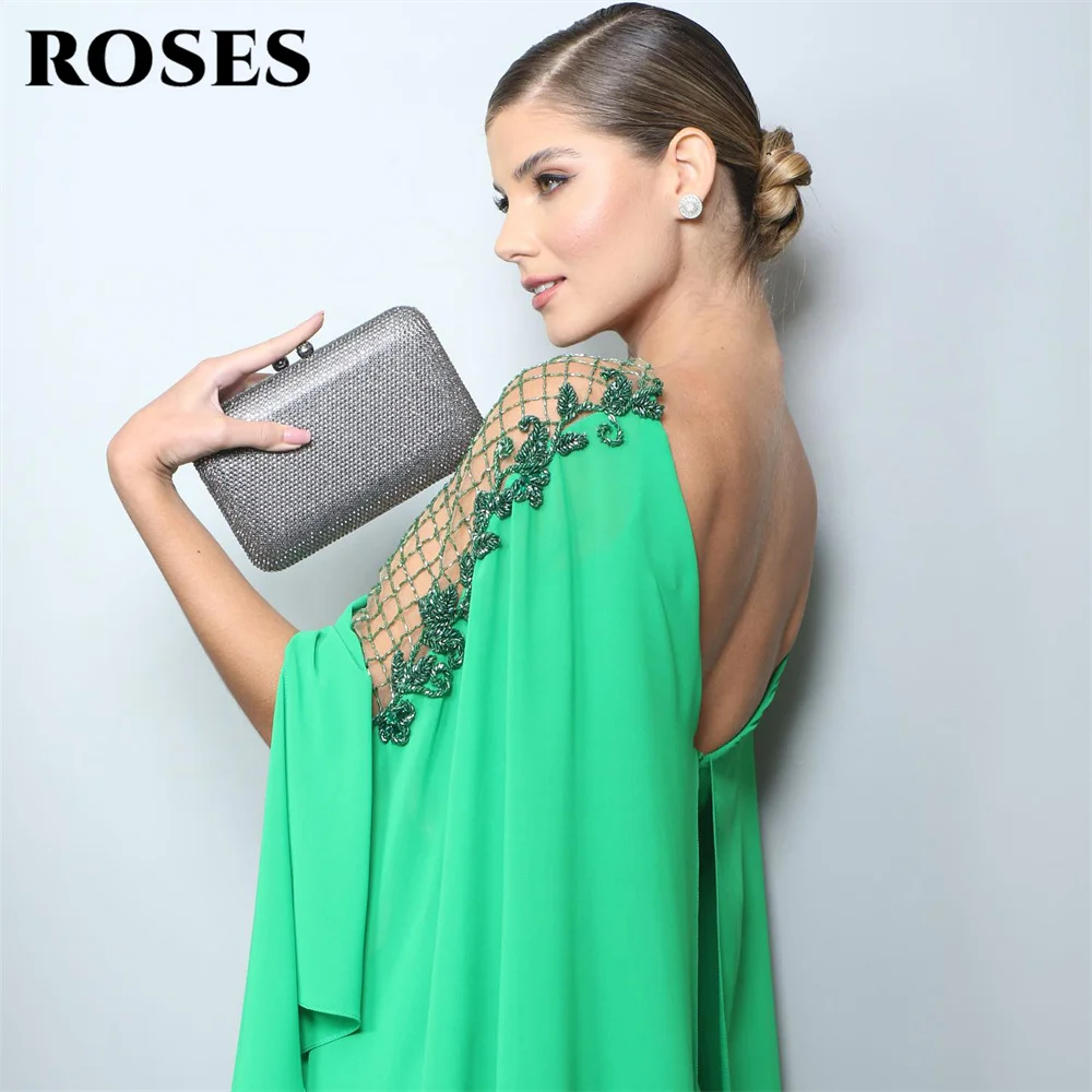 ROSES Green Beach Chiffion Evening Gown V Neck Elegant Prom Dress Embroidery Sequin Beaded Wedding Evening Dress robes de soirée