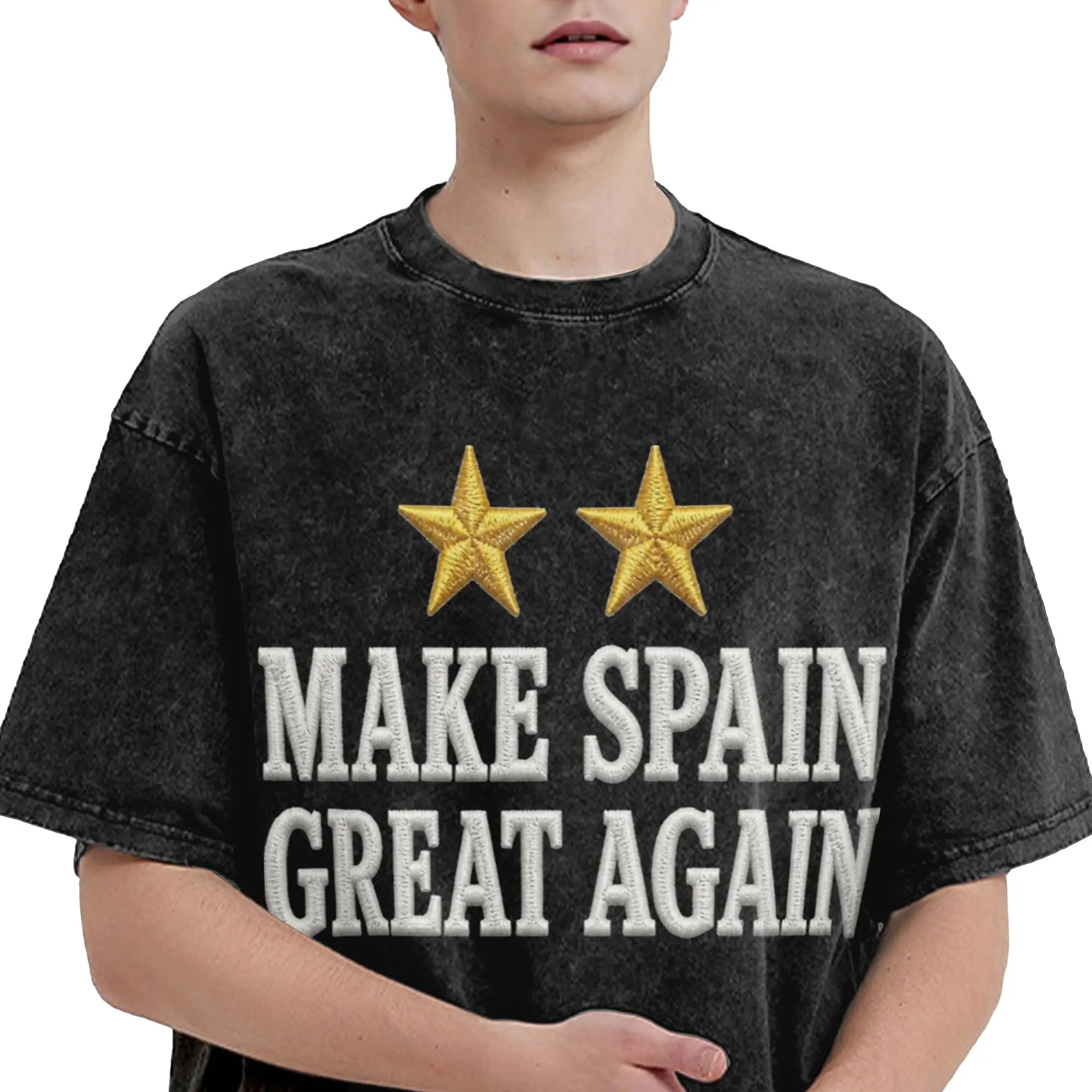 MAKE SPAIN GREAT AGAIN GOLD TWO STARS Washed T Shirt 100% Cotton Leisure T-Shirts Round Collar  Tees Short Sleeve Tops