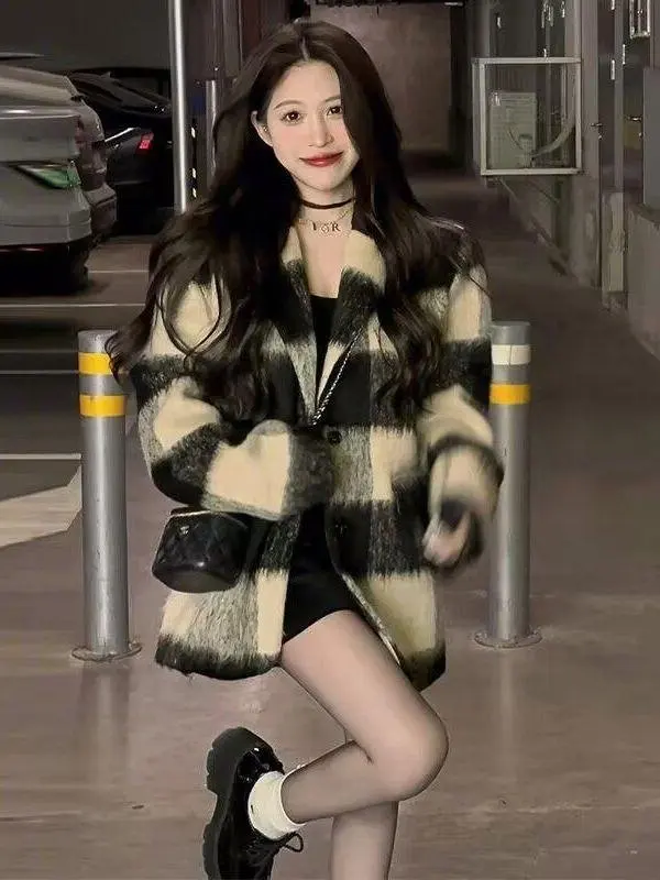 retro-plaid-woolen-miniature-fragrance-style-women's-outerwear-loose-slimming-autumn-winter-new-arrival-two-piece-set
