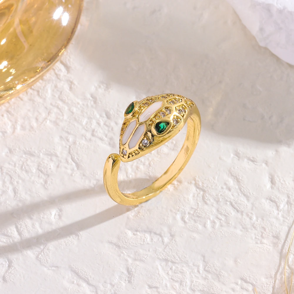 Top Luxury Green Zircon Crystal Snake Open Rings For Women 18K Gold Plated Adjustable Stainless Steel Finger Ring Jewelry Female