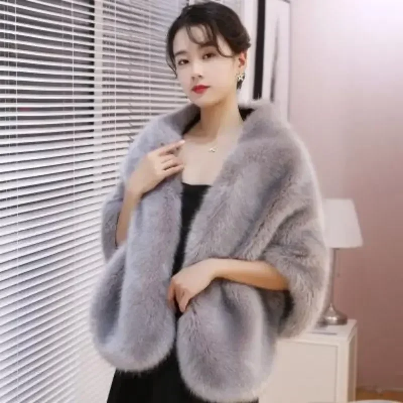 Wedding shawl women's autumn and winter imitation fox fur cape jacket thickened wedding dress cheongsam outside party