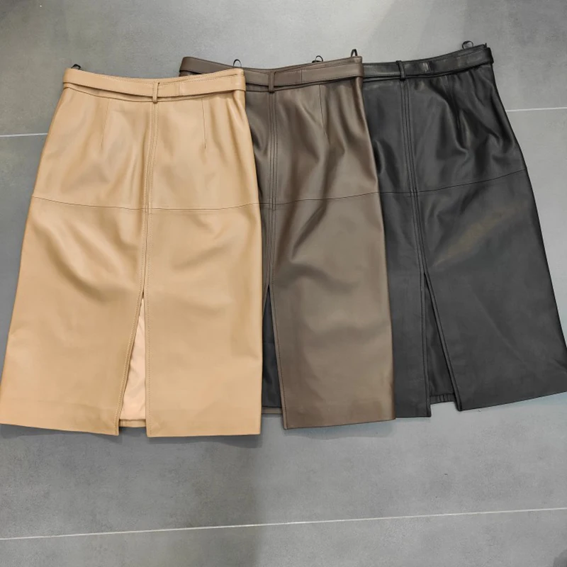 Black/Apricot Leather Skirts Spring Autumn Women Sheepskin High Waist Belt Wrap Hip Back Split Elegant Versatile Slim Midi Skirt